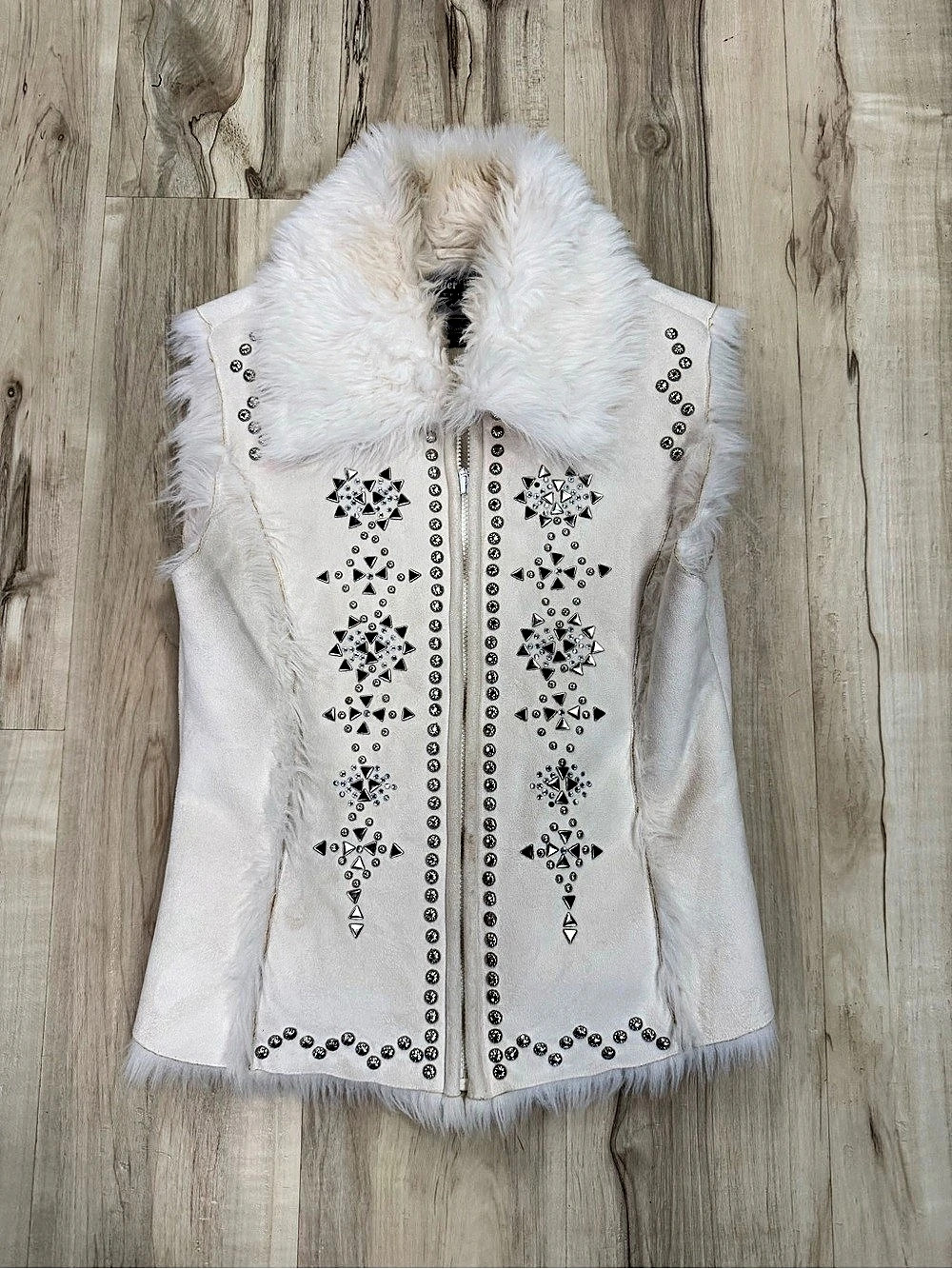 Powder River Outfitters Slim Embellished Faux Fur Vest in White • medium